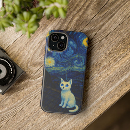 Starry Night Cat – Van Gogh Inspired – iPhone 16, 15, 14, 13 – MagSafe Magnetic Tough Case by HitStickers