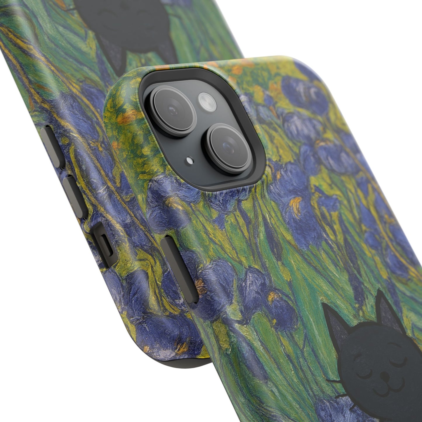 Peaceful Cat in Irises – Van Gogh Inspired – iPhone 16, 15, 14, 13 – MagSafe Magnetic Tough Case by HitStickers