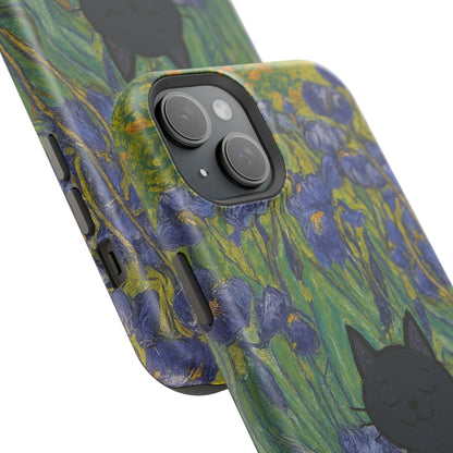 Peaceful Cat in Irises – Van Gogh Inspired – iPhone 16, 15, 14, 13 – MagSafe Magnetic Tough Case by HitStickers