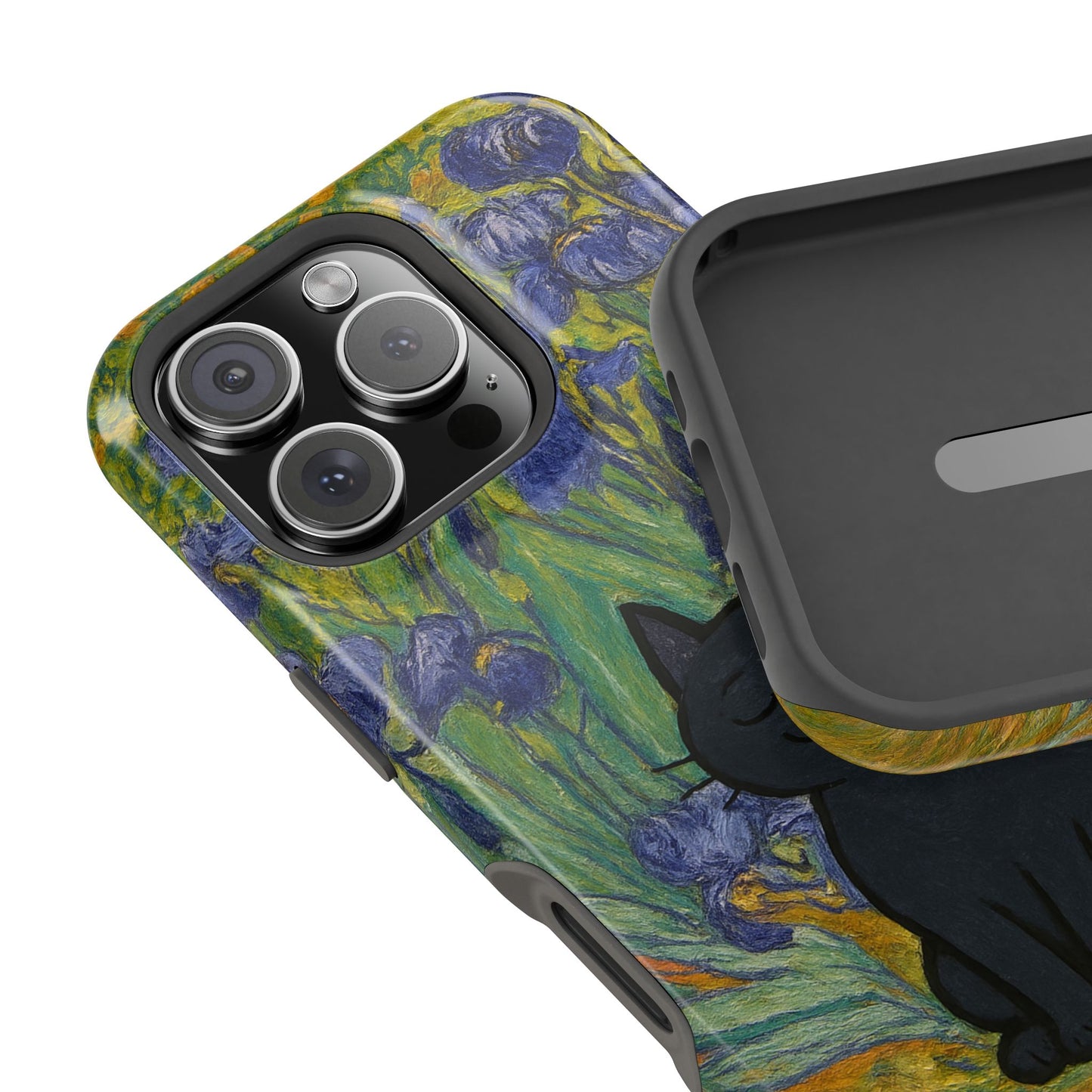 Peaceful Cat in Irises – Van Gogh Inspired – iPhone 16, 15, 14, 13 – MagSafe Magnetic Tough Case by HitStickers