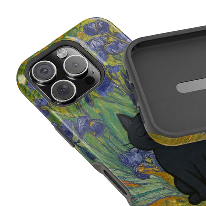 Peaceful Cat in Irises – Van Gogh Inspired – iPhone 16, 15, 14, 13 – MagSafe Magnetic Tough Case by HitStickers