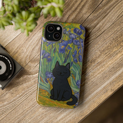 Peaceful Cat in Irises – Van Gogh Inspired – iPhone 16, 15, 14, 13 – MagSafe Magnetic Tough Case by HitStickers