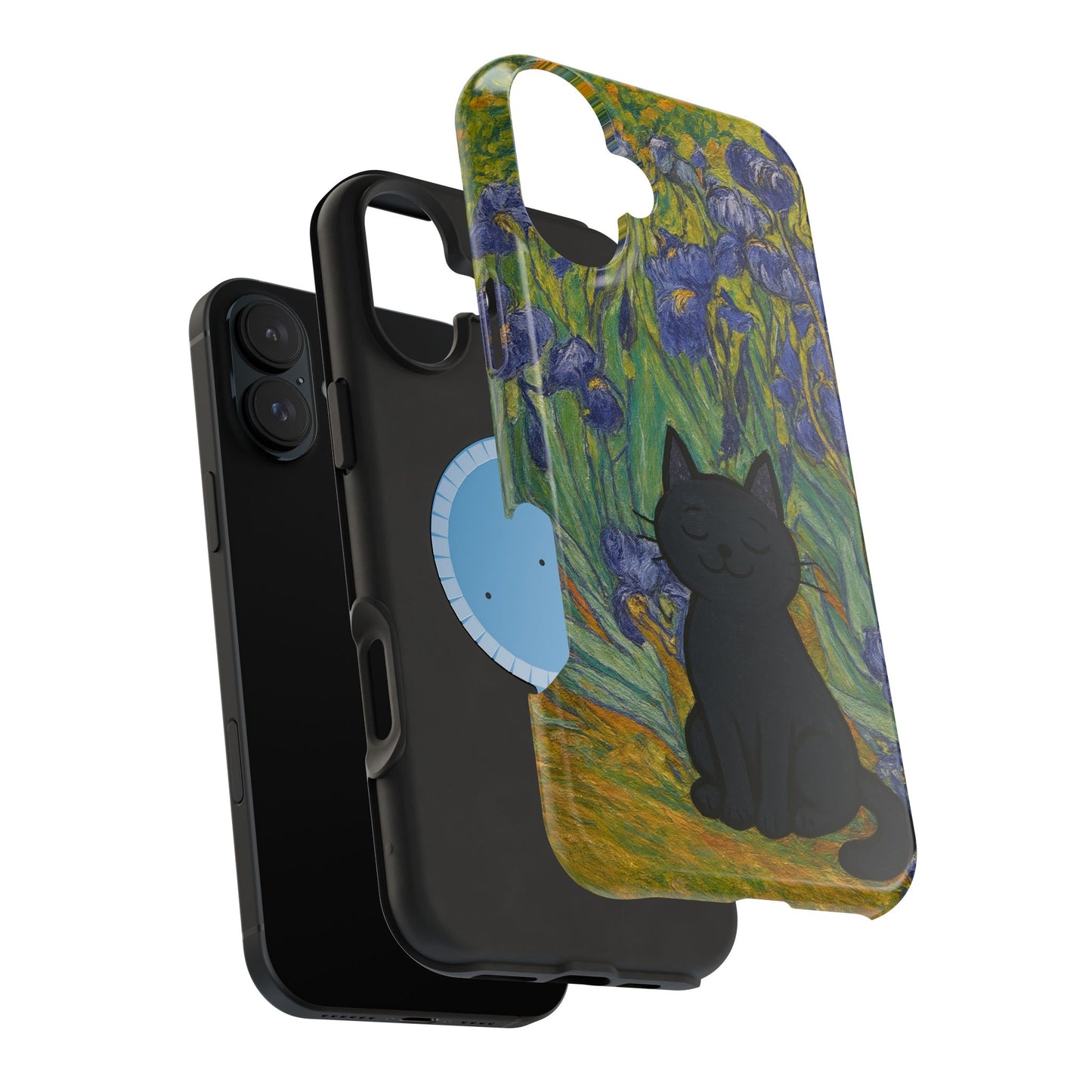 Peaceful Cat in Irises – Van Gogh Inspired – iPhone 16, 15, 14, 13 – MagSafe Magnetic Tough Case by HitStickers