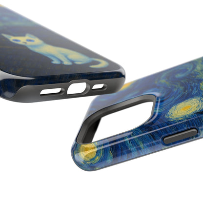 Starry Night Cat – Van Gogh Inspired – iPhone 16, 15, 14, 13 – MagSafe Magnetic Tough Case by HitStickers