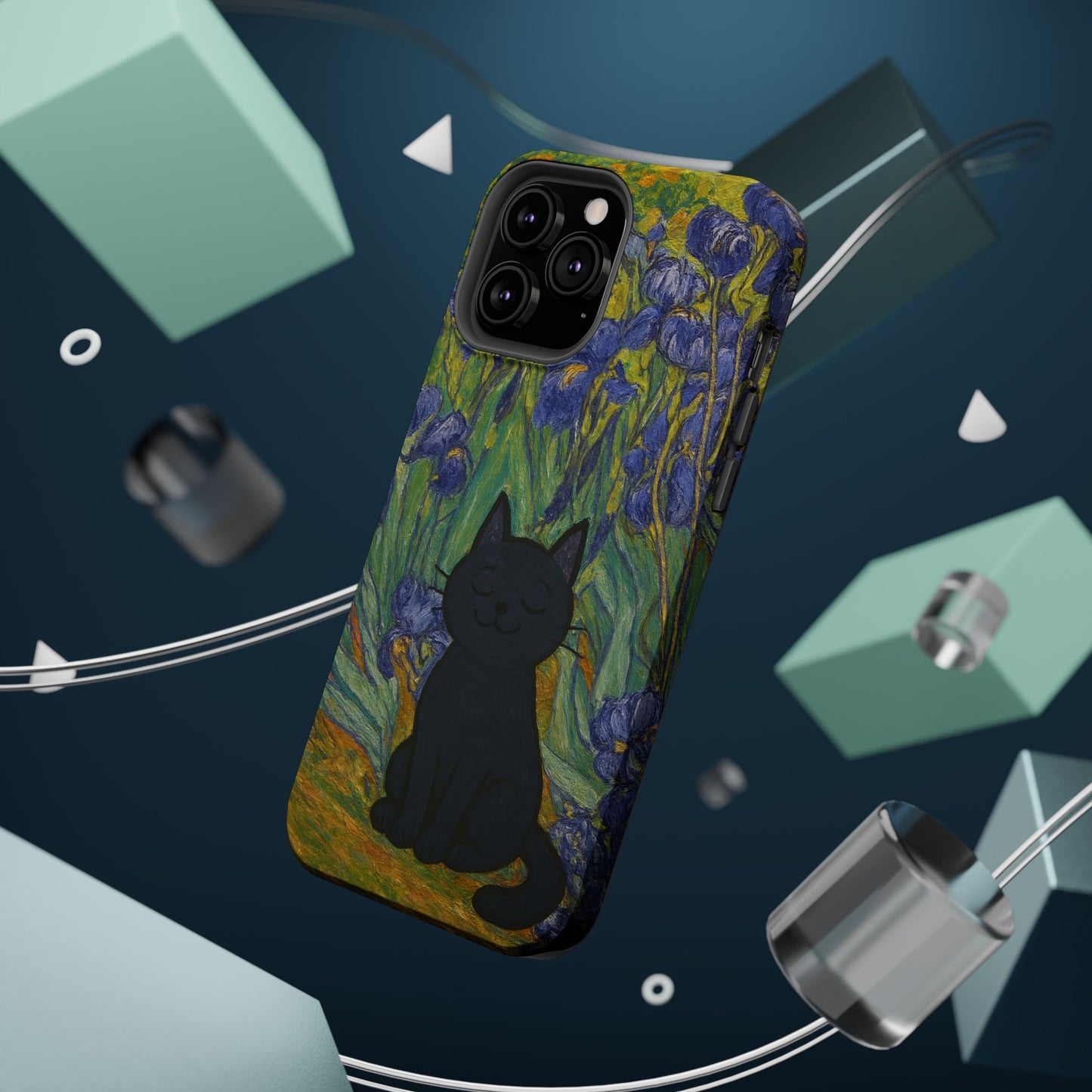Peaceful Cat in Irises – Van Gogh Inspired – iPhone 16, 15, 14, 13 – MagSafe Magnetic Tough Case by HitStickers