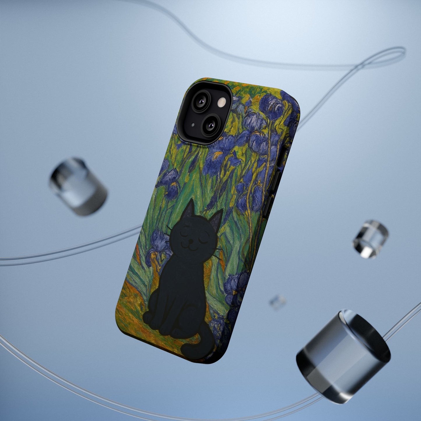 Peaceful Cat in Irises – Van Gogh Inspired – iPhone 16, 15, 14, 13 – MagSafe Magnetic Tough Case by HitStickers