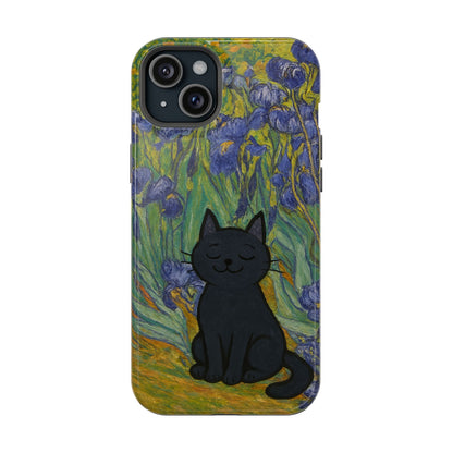 Peaceful Cat in Irises – Van Gogh Inspired – iPhone 16, 15, 14, 13 – MagSafe Magnetic Tough Case by HitStickers