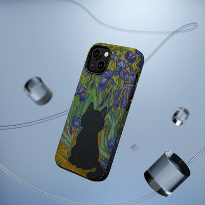 Peaceful Cat in Irises – Van Gogh Inspired – iPhone 16, 15, 14, 13 – MagSafe Magnetic Tough Case by HitStickers