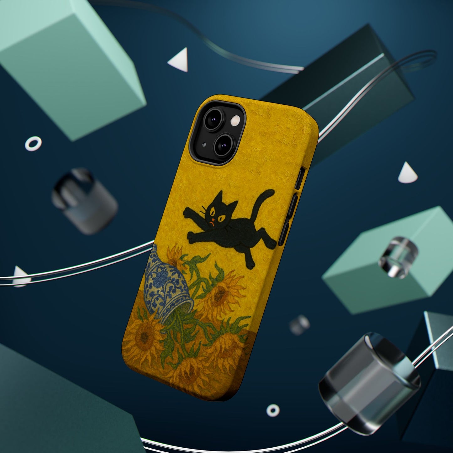 Mischievous Cat & Sunflowers – Van Gogh Inspired – iPhone 16, 15, 14, 13 – MagSafe Magnetic Tough Case by HitStickers