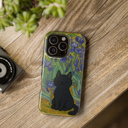 Peaceful Cat in Irises – Van Gogh Inspired – iPhone 16, 15, 14, 13 – MagSafe Magnetic Tough Case by HitStickers