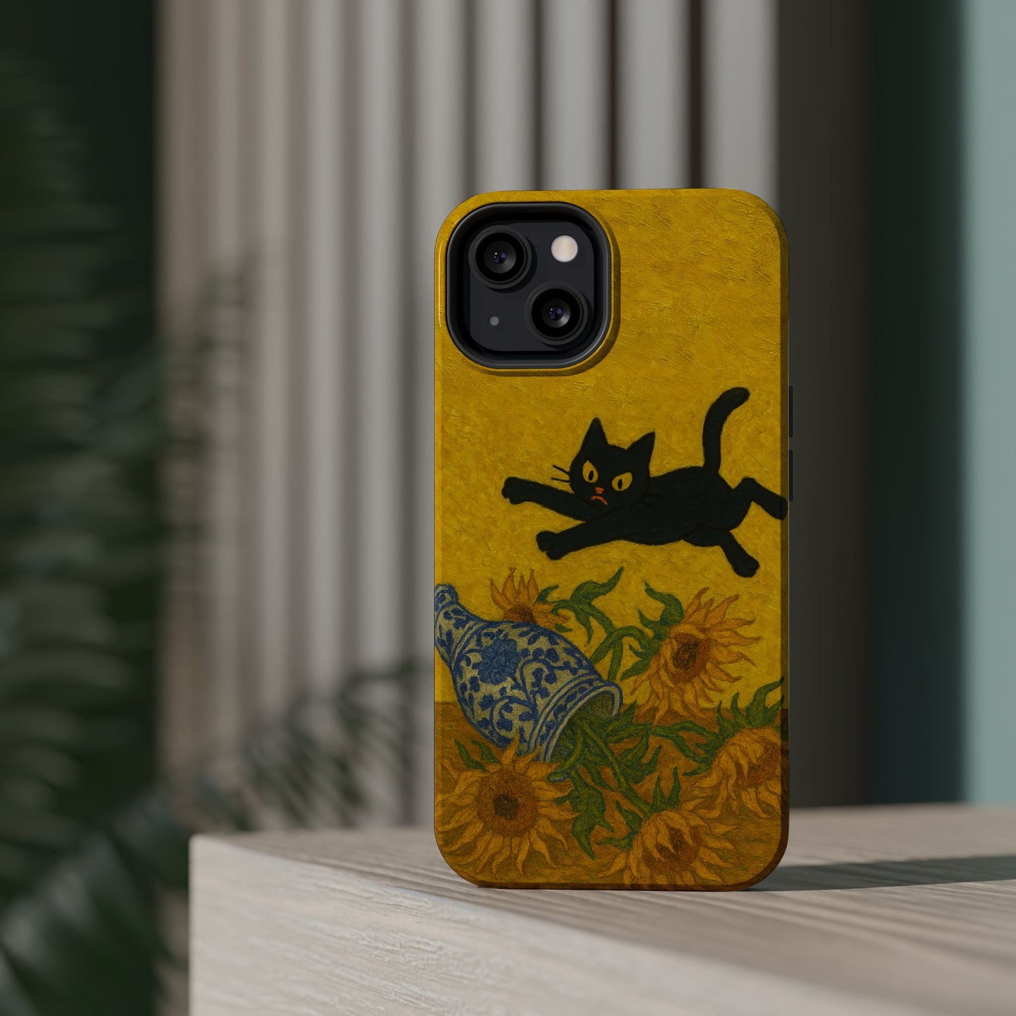 Mischievous Cat & Sunflowers – Van Gogh Inspired – iPhone 16, 15, 14, 13 – MagSafe Magnetic Tough Case by HitStickers