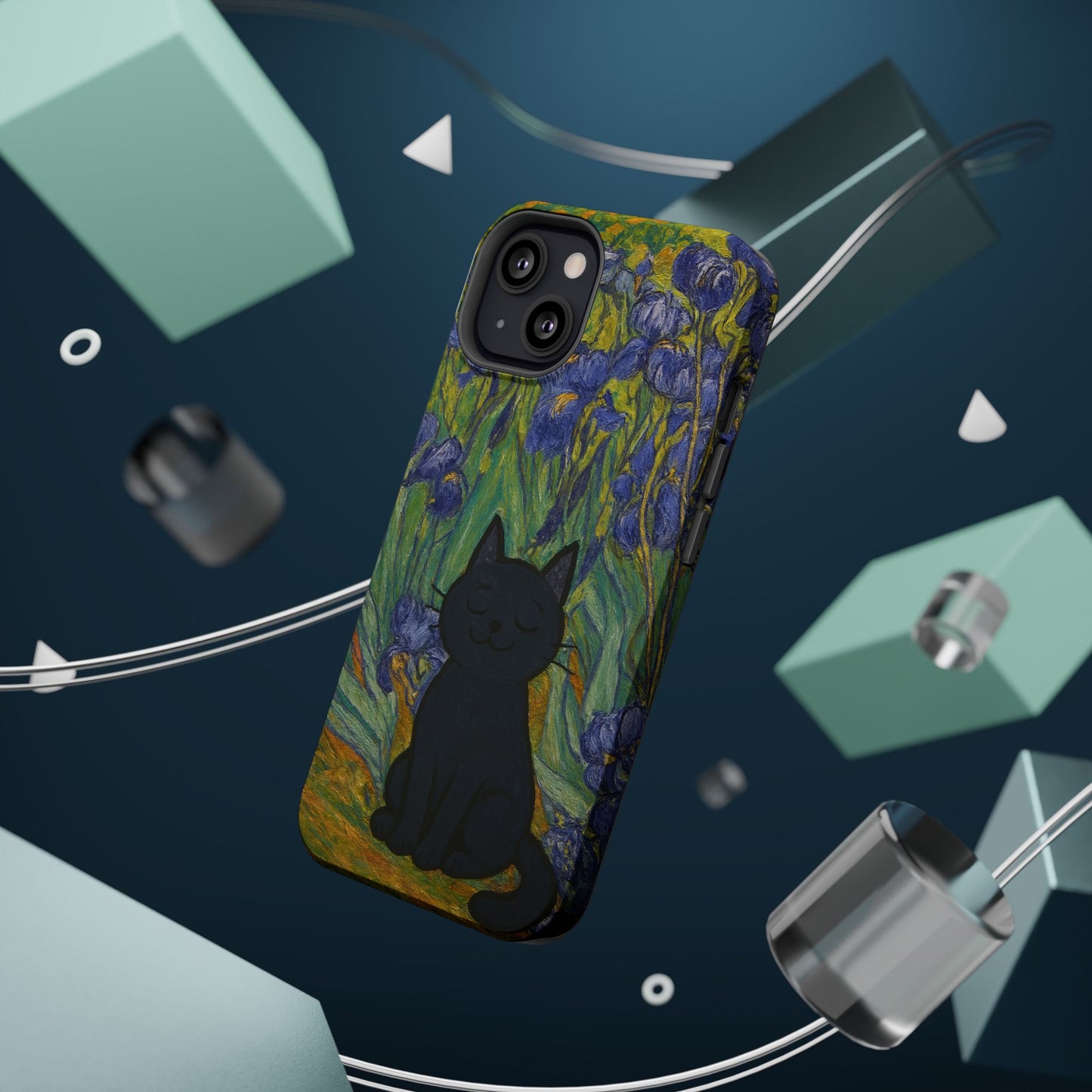 Peaceful Cat in Irises – Van Gogh Inspired – iPhone 16, 15, 14, 13 – MagSafe Magnetic Tough Case by HitStickers