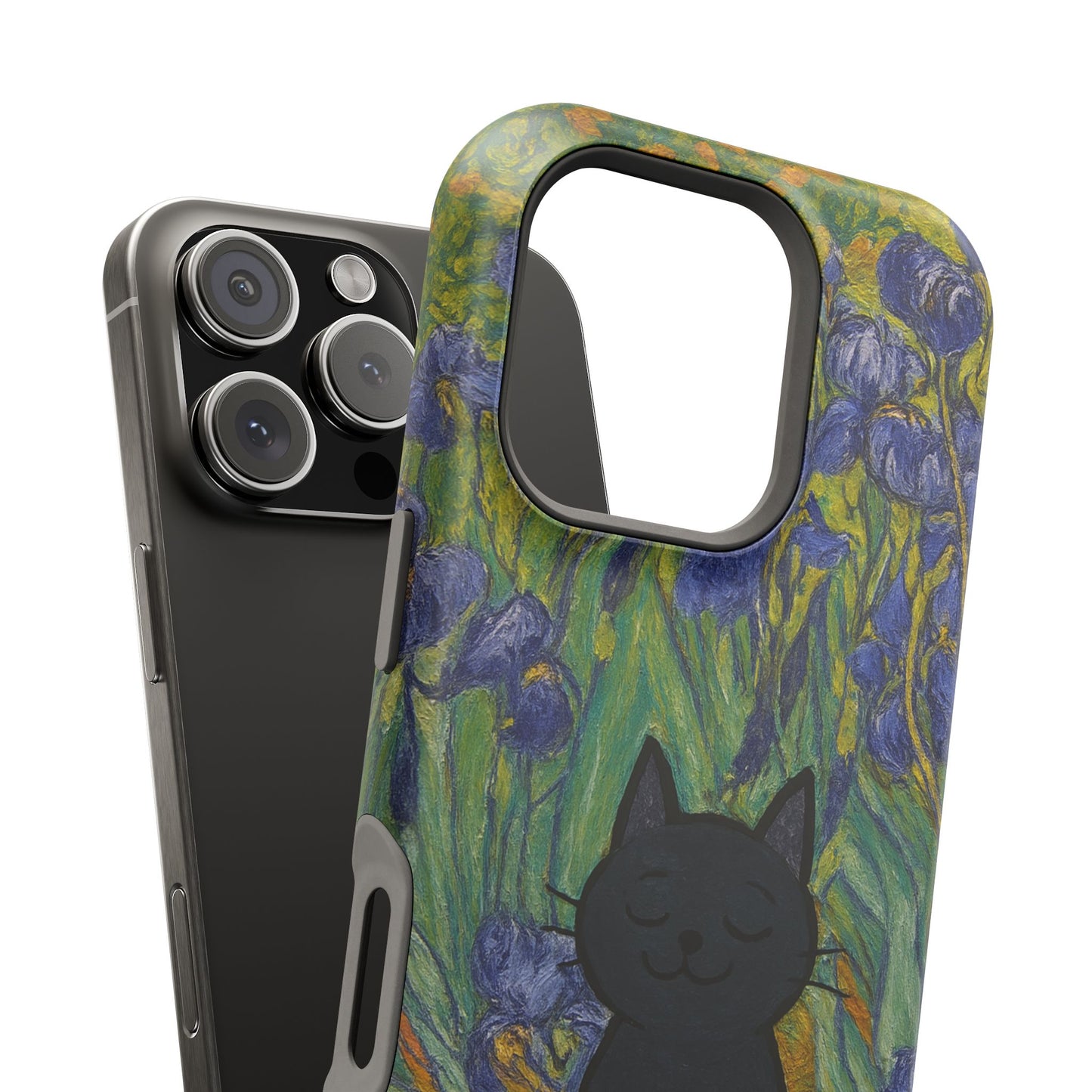 Peaceful Cat in Irises – Van Gogh Inspired – iPhone 16, 15, 14, 13 – MagSafe Magnetic Tough Case by HitStickers