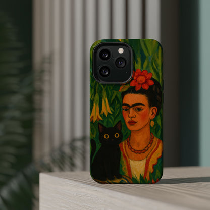 Frida & the Black Cat – Kahlo Inspired – iPhone 16, 15, 14, 13 – MagSafe Magnetic Tough Case by HitStickers