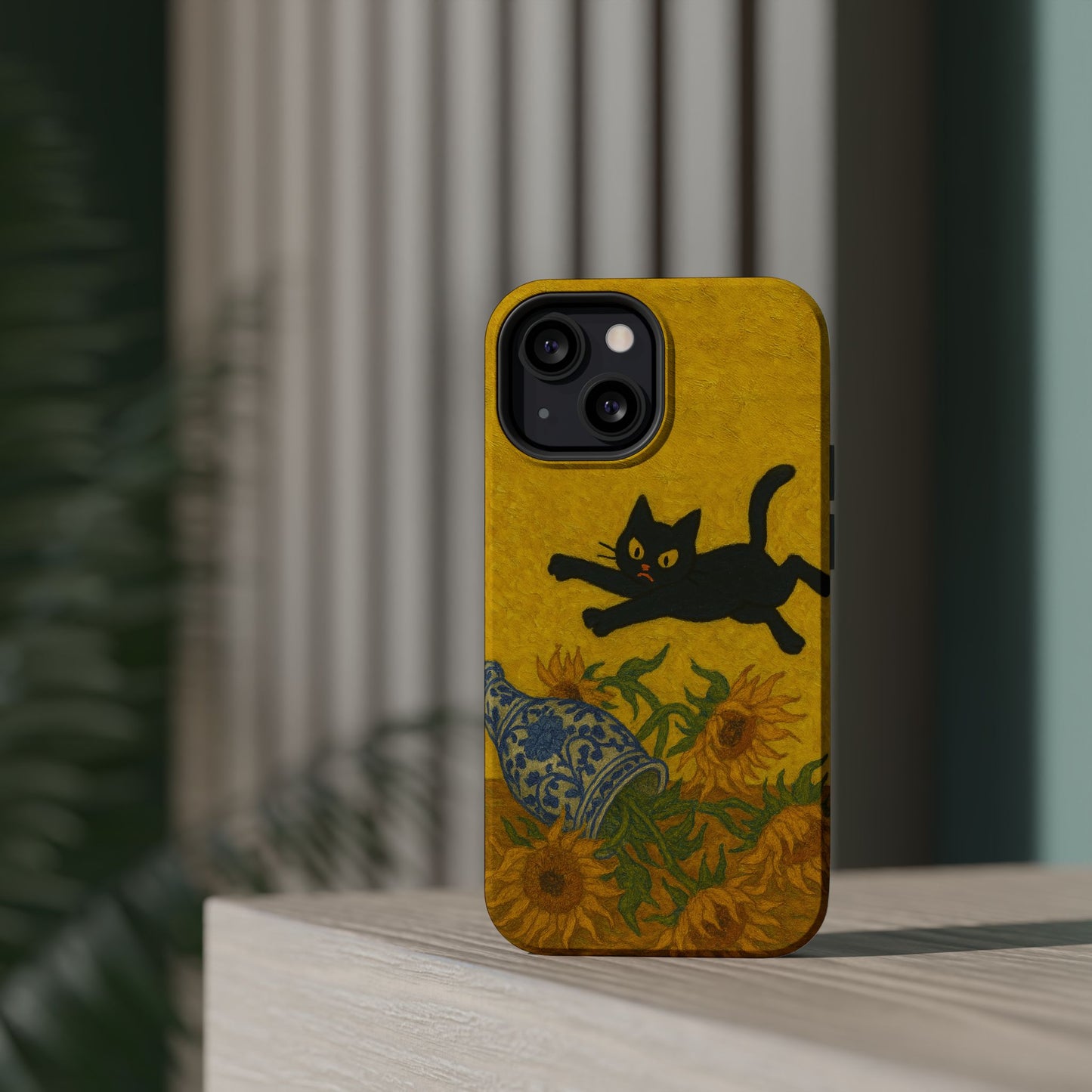 Mischievous Cat & Sunflowers – Van Gogh Inspired – iPhone 16, 15, 14, 13 – MagSafe Magnetic Tough Case by HitStickers