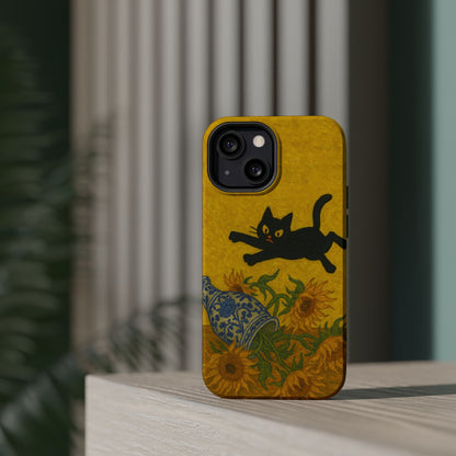 Mischievous Cat & Sunflowers – Van Gogh Inspired – iPhone 16, 15, 14, 13 – MagSafe Magnetic Tough Case by HitStickers