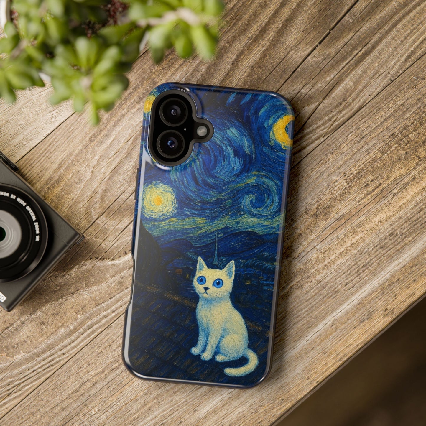 Starry Night Cat – Van Gogh Inspired – iPhone 16, 15, 14, 13 – MagSafe Magnetic Tough Case by HitStickers