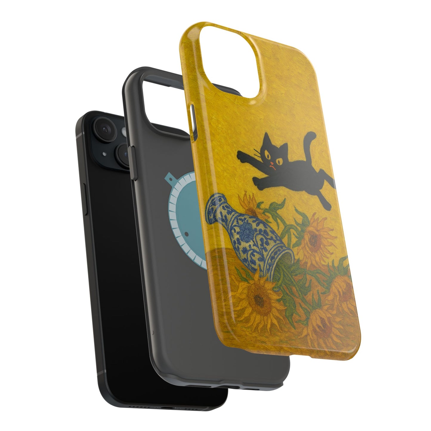 Mischievous Cat & Sunflowers – Van Gogh Inspired – iPhone 16, 15, 14, 13 – MagSafe Magnetic Tough Case by HitStickers