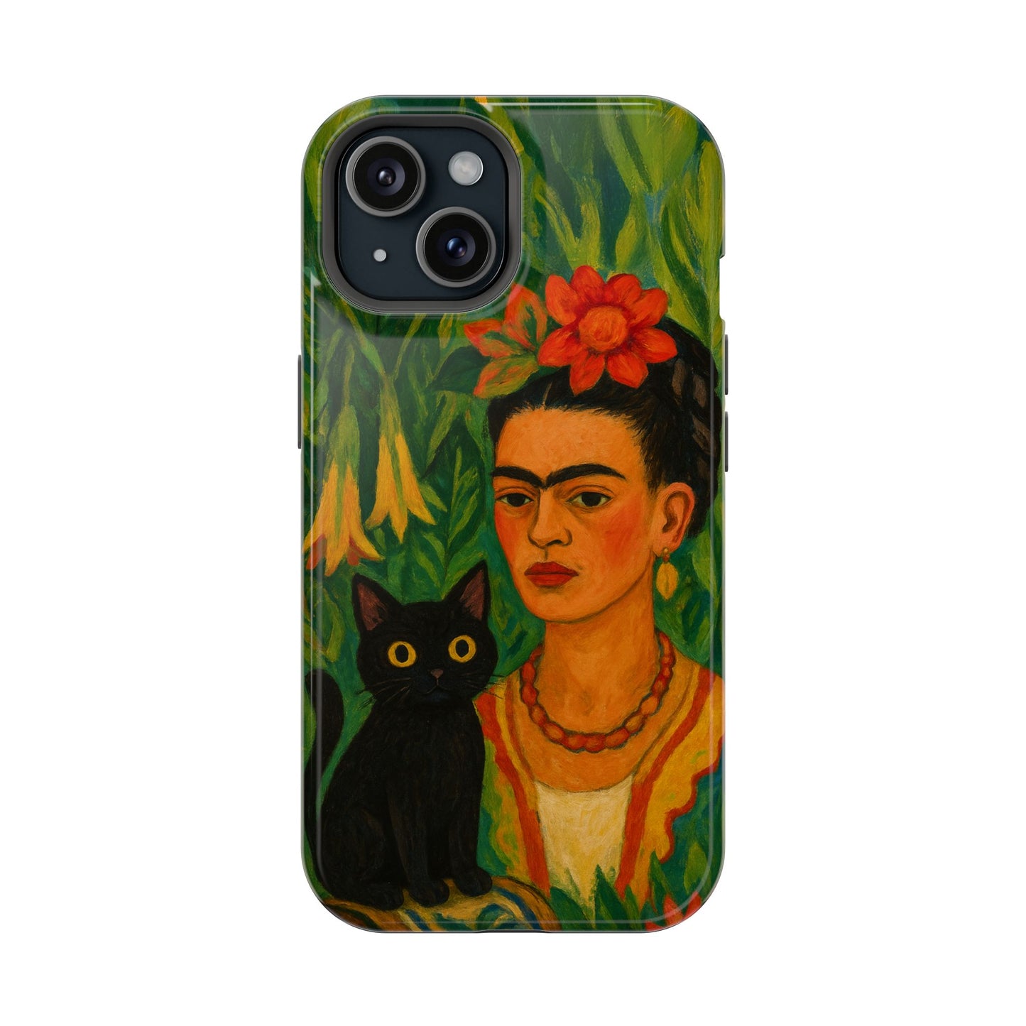 Frida & the Black Cat – Kahlo Inspired – iPhone 16, 15, 14, 13 – MagSafe Magnetic Tough Case by HitStickers