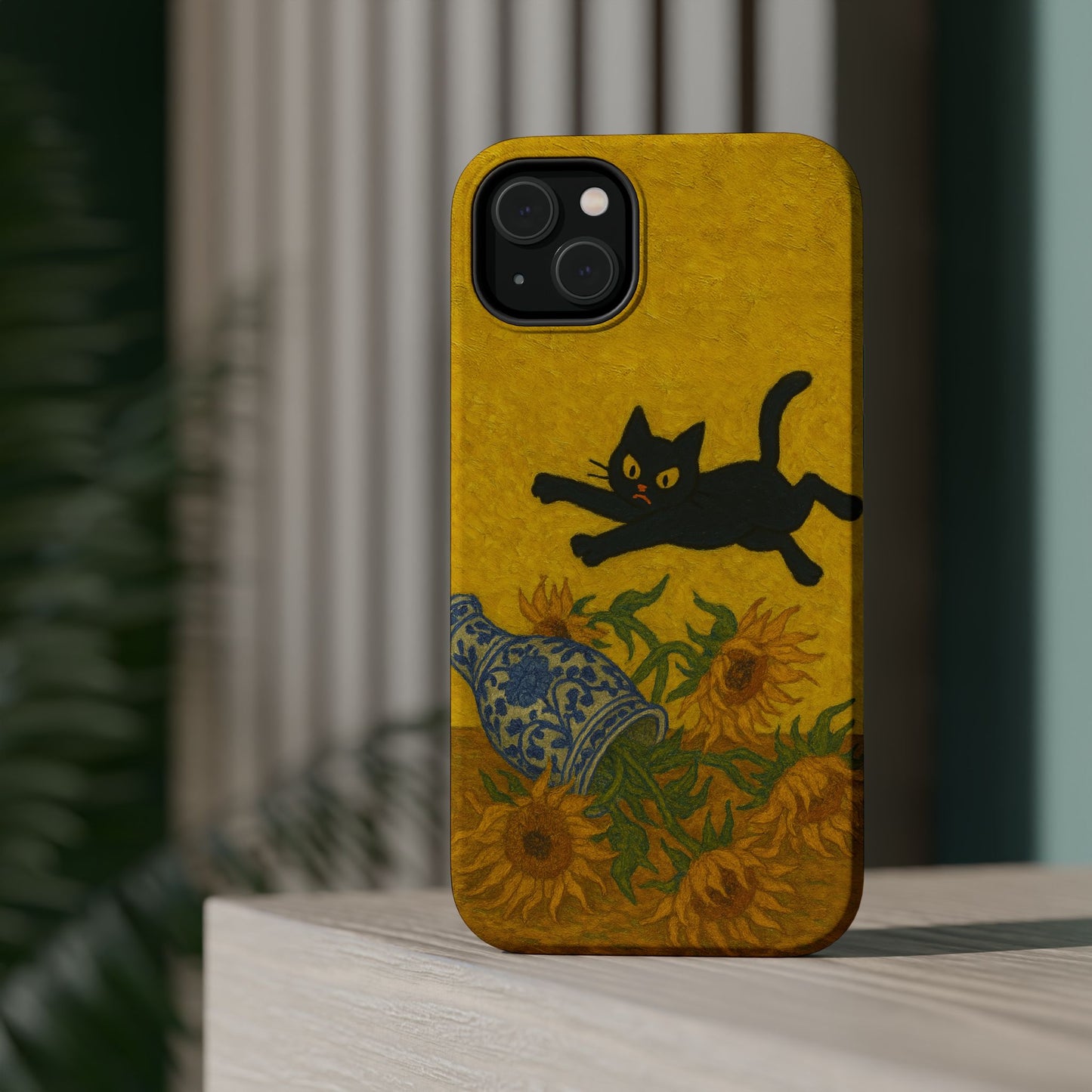 Mischievous Cat & Sunflowers – Van Gogh Inspired – iPhone 16, 15, 14, 13 – MagSafe Magnetic Tough Case by HitStickers