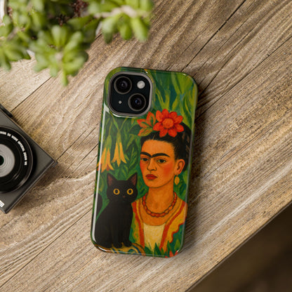 Frida & the Black Cat – Kahlo Inspired – iPhone 16, 15, 14, 13 – MagSafe Magnetic Tough Case by HitStickers