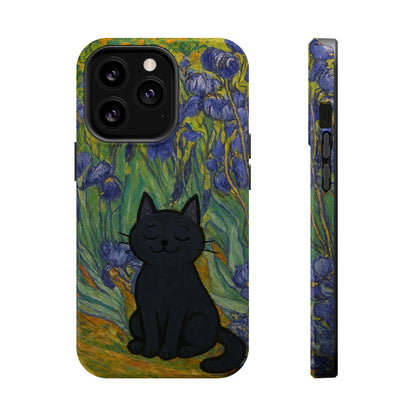 Peaceful Cat in Irises – Van Gogh Inspired – iPhone 16, 15, 14, 13 – MagSafe Magnetic Tough Case by HitStickers