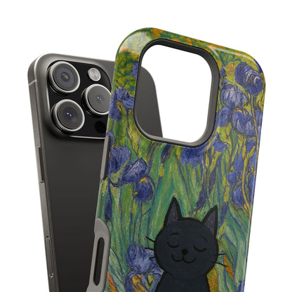 Peaceful Cat in Irises – Van Gogh Inspired – iPhone 16, 15, 14, 13 – MagSafe Magnetic Tough Case by HitStickers