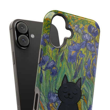 Peaceful Cat in Irises – Van Gogh Inspired – iPhone 16, 15, 14, 13 – MagSafe Magnetic Tough Case by HitStickers