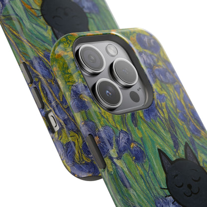 Peaceful Cat in Irises – Van Gogh Inspired – iPhone 16, 15, 14, 13 – MagSafe Magnetic Tough Case by HitStickers