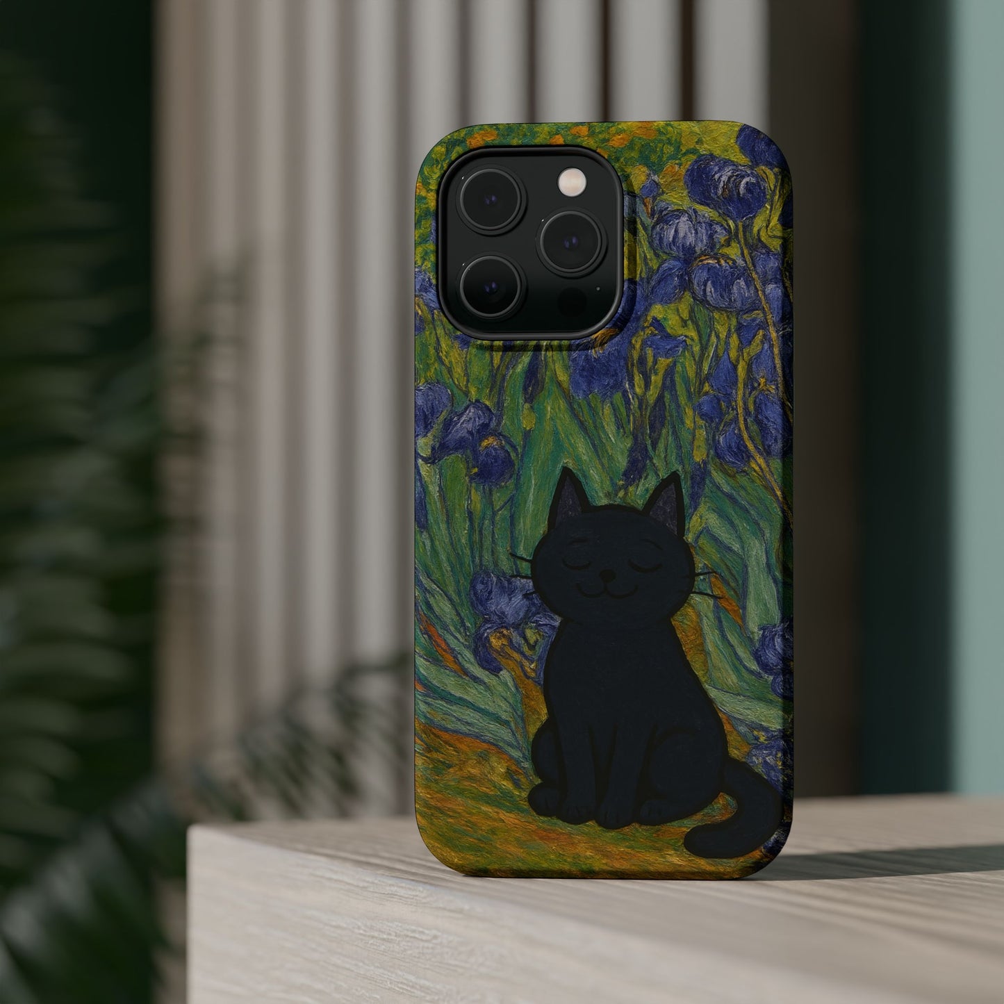 Peaceful Cat in Irises – Van Gogh Inspired – iPhone 16, 15, 14, 13 – MagSafe Magnetic Tough Case by HitStickers