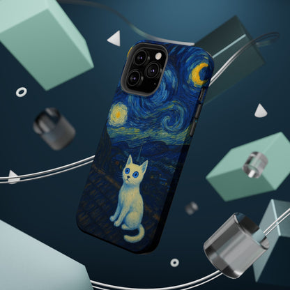 Starry Night Cat – Van Gogh Inspired – iPhone 16, 15, 14, 13 – MagSafe Magnetic Tough Case by HitStickers
