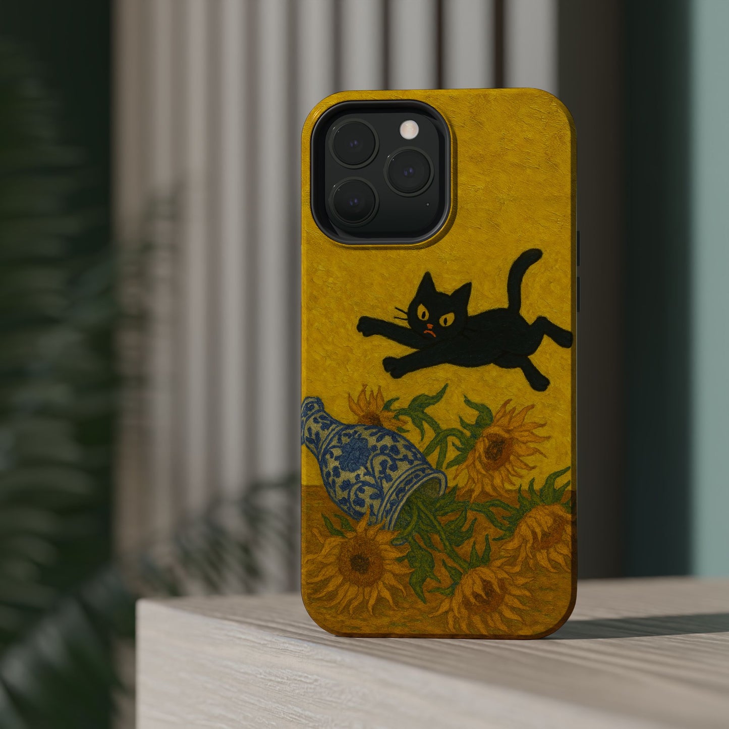 Mischievous Cat & Sunflowers – Van Gogh Inspired – iPhone 16, 15, 14, 13 – MagSafe Magnetic Tough Case by HitStickers