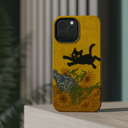 Mischievous Cat & Sunflowers – Van Gogh Inspired – iPhone 16, 15, 14, 13 – MagSafe Magnetic Tough Case by HitStickers