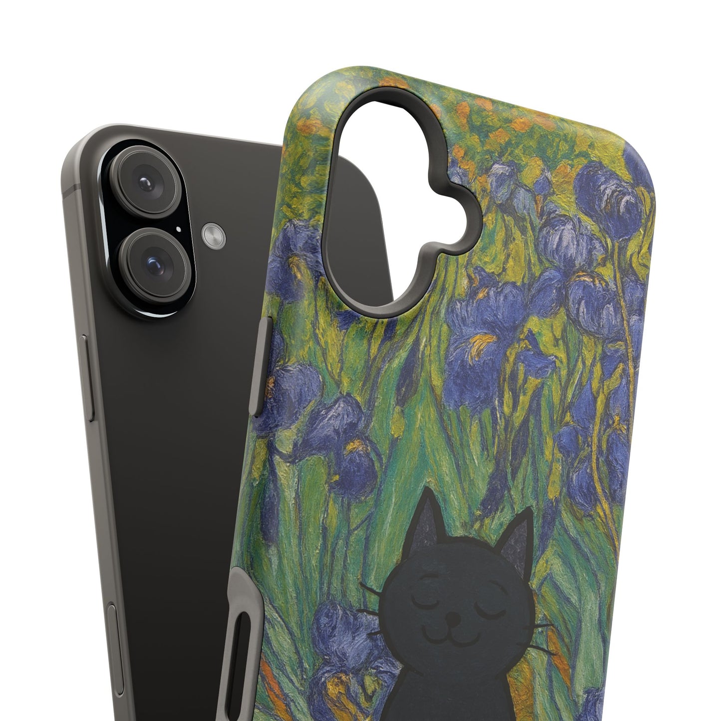 Peaceful Cat in Irises – Van Gogh Inspired – iPhone 16, 15, 14, 13 – MagSafe Magnetic Tough Case by HitStickers