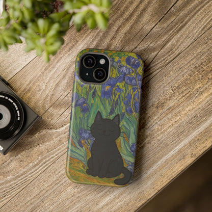Peaceful Cat in Irises – Van Gogh Inspired – iPhone 16, 15, 14, 13 – MagSafe Magnetic Tough Case by HitStickers