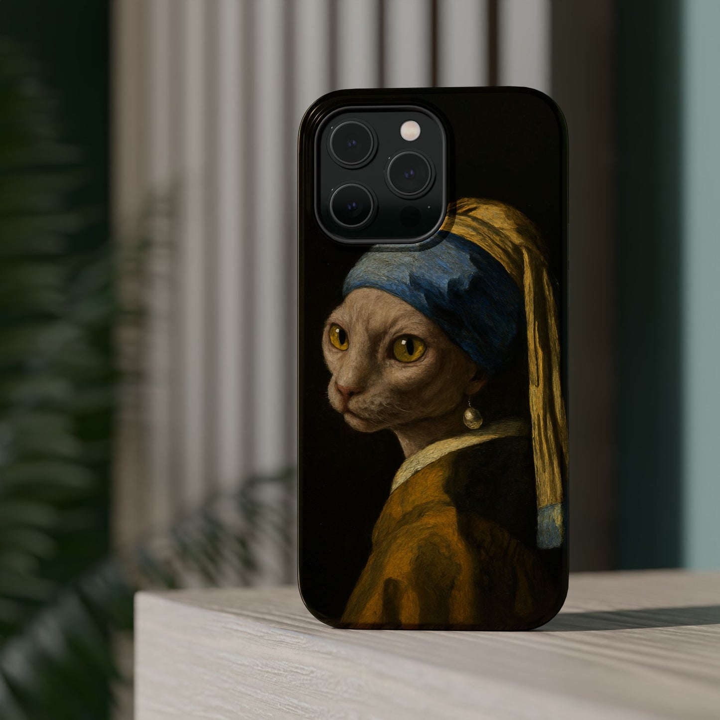Cat with a Pearl Earring – Vermeer Inspired – iPhone 16, 15, 14, 13 – MagSafe Magnetic Tough Case by HitStickers