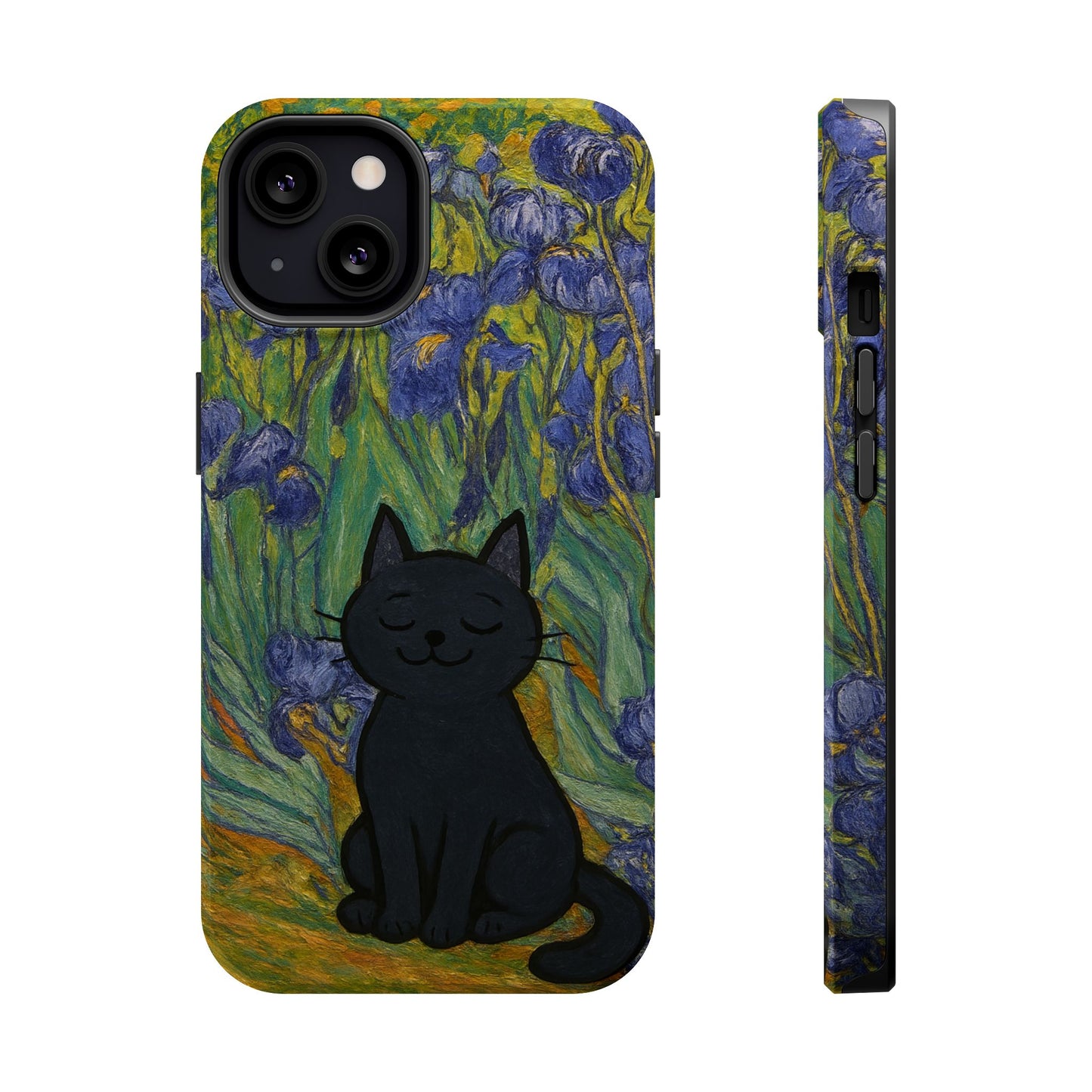 Peaceful Cat in Irises – Van Gogh Inspired – iPhone 16, 15, 14, 13 – MagSafe Magnetic Tough Case by HitStickers
