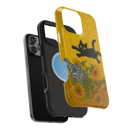 Mischievous Cat & Sunflowers – Van Gogh Inspired – iPhone 16, 15, 14, 13 – MagSafe Magnetic Tough Case by HitStickers