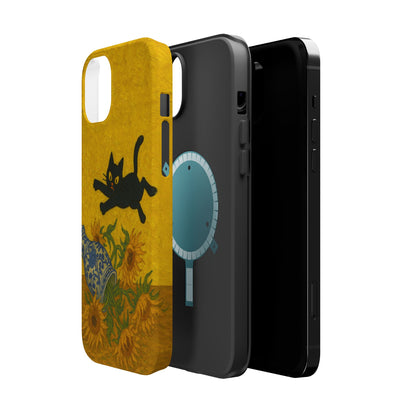 Mischievous Cat & Sunflowers – Van Gogh Inspired – iPhone 16, 15, 14, 13 – MagSafe Magnetic Tough Case by HitStickers