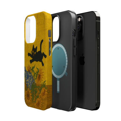 Mischievous Cat & Sunflowers – Van Gogh Inspired – iPhone 16, 15, 14, 13 – MagSafe Magnetic Tough Case by HitStickers