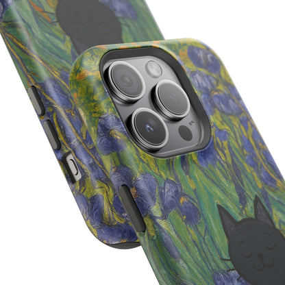 Peaceful Cat in Irises – Van Gogh Inspired – iPhone 16, 15, 14, 13 – MagSafe Magnetic Tough Case by HitStickers