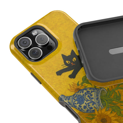 Mischievous Cat & Sunflowers – Van Gogh Inspired – iPhone 16, 15, 14, 13 – MagSafe Magnetic Tough Case by HitStickers