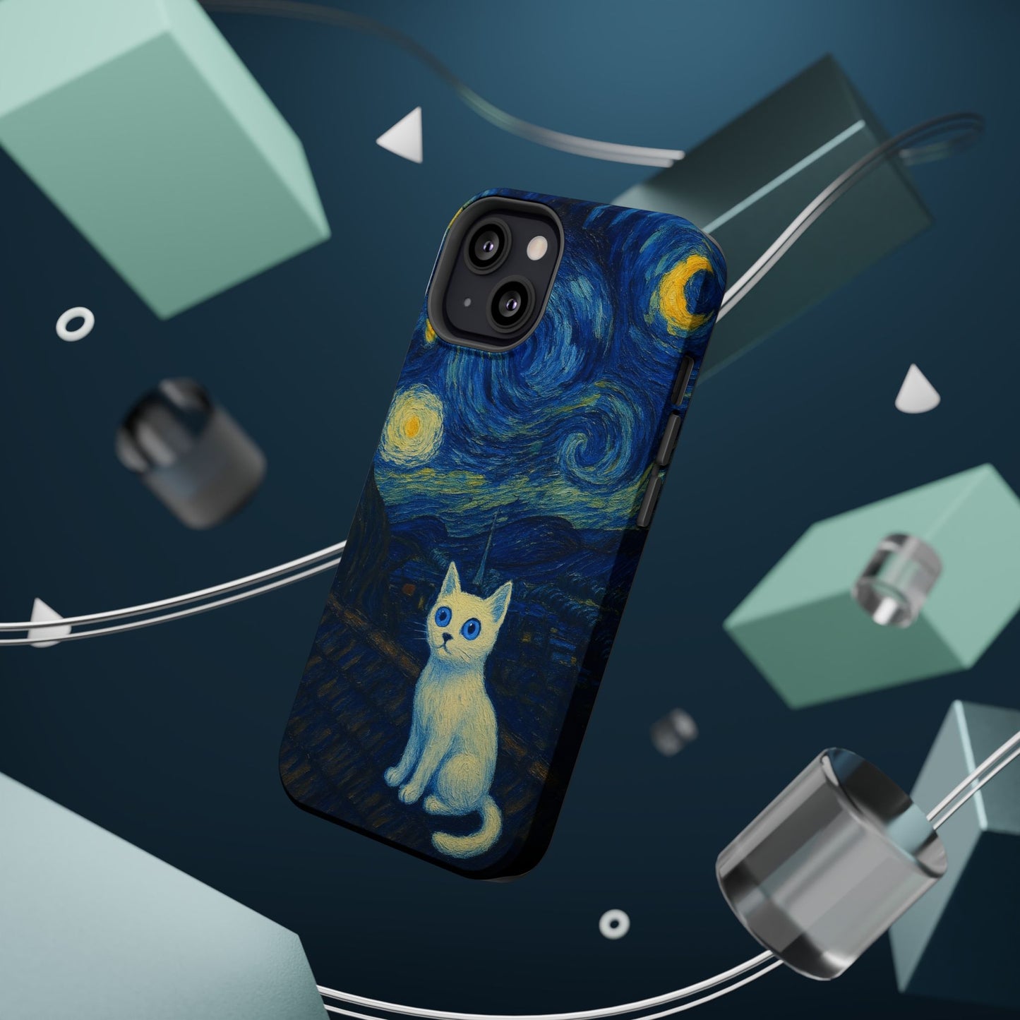 Starry Night Cat – Van Gogh Inspired – iPhone 16, 15, 14, 13 – MagSafe Magnetic Tough Case by HitStickers
