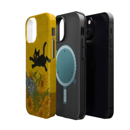 Mischievous Cat & Sunflowers – Van Gogh Inspired – iPhone 16, 15, 14, 13 – MagSafe Magnetic Tough Case by HitStickers