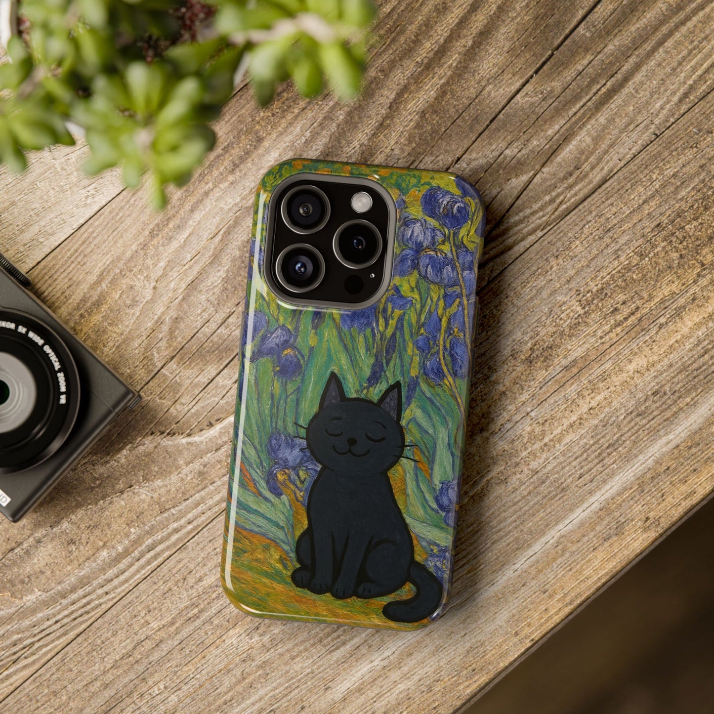 Peaceful Cat in Irises – Van Gogh Inspired – iPhone 16, 15, 14, 13 – MagSafe Magnetic Tough Case by HitStickers