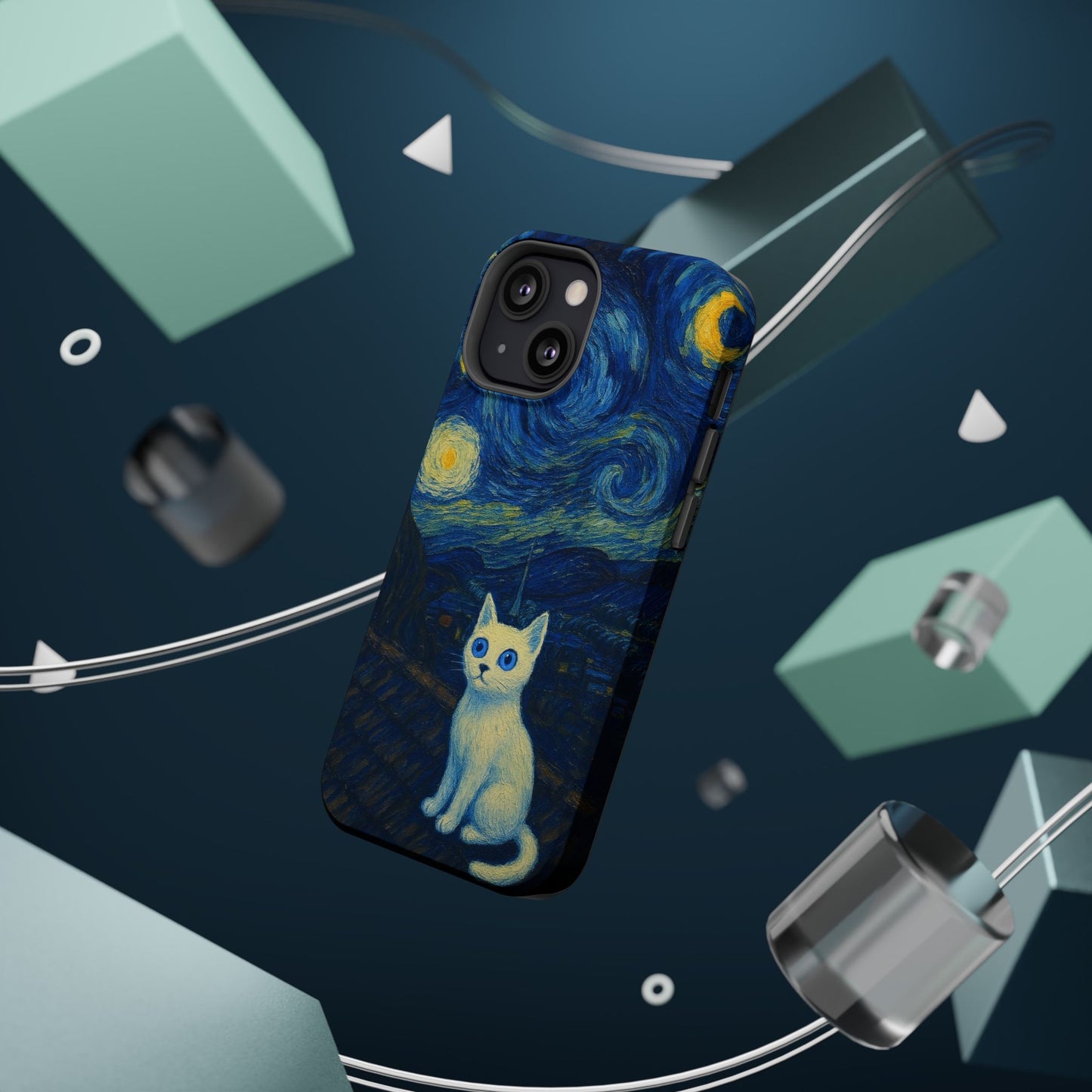 Starry Night Cat – Van Gogh Inspired – iPhone 16, 15, 14, 13 – MagSafe Magnetic Tough Case by HitStickers