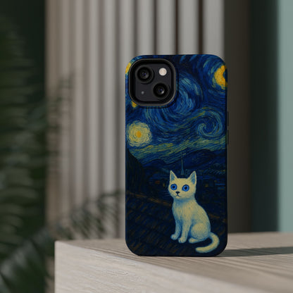 Starry Night Cat – Van Gogh Inspired – iPhone 16, 15, 14, 13 – MagSafe Magnetic Tough Case by HitStickers