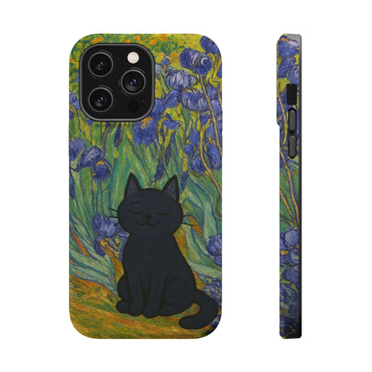 Peaceful Cat in Irises – Van Gogh Inspired – iPhone 16, 15, 14, 13 – MagSafe Magnetic Tough Case by HitStickers