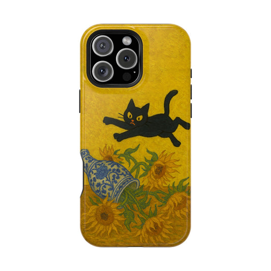 Mischievous Cat & Sunflowers – Van Gogh Inspired – iPhone 16, 15, 14, 13 – MagSafe Magnetic Tough Case by HitStickers