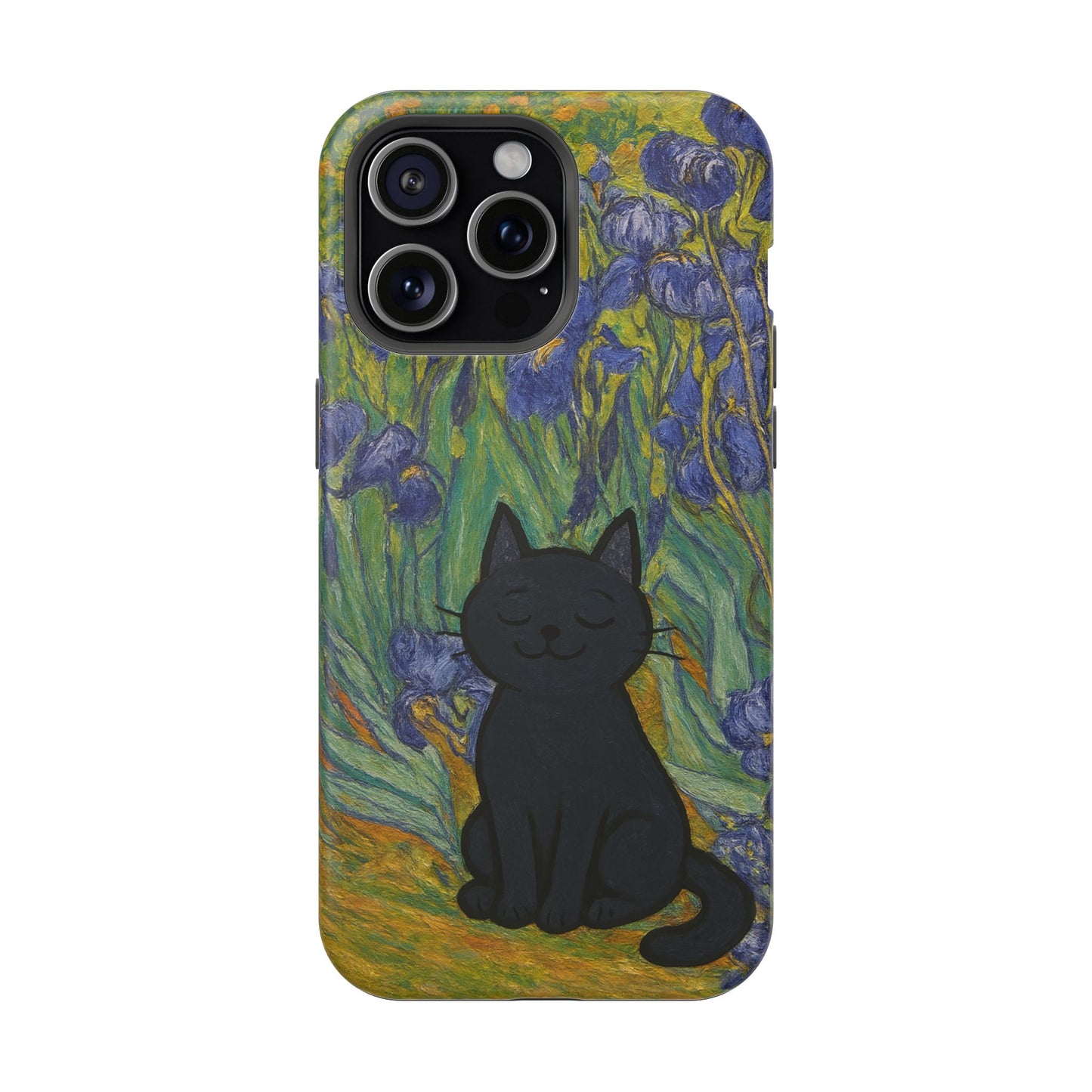 Peaceful Cat in Irises – Van Gogh Inspired – iPhone 16, 15, 14, 13 – MagSafe Magnetic Tough Case by HitStickers